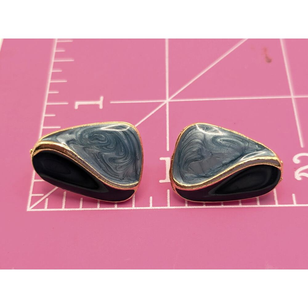 Blue Marbled Enamel Clip On Earrings Gold Tone Abstract Retro 1in - Picture 5 of 6